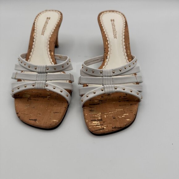 Naturalizer Sana White Strappy Sandal Heels With Cork Sole Studded Detail - Picture 6 of 14